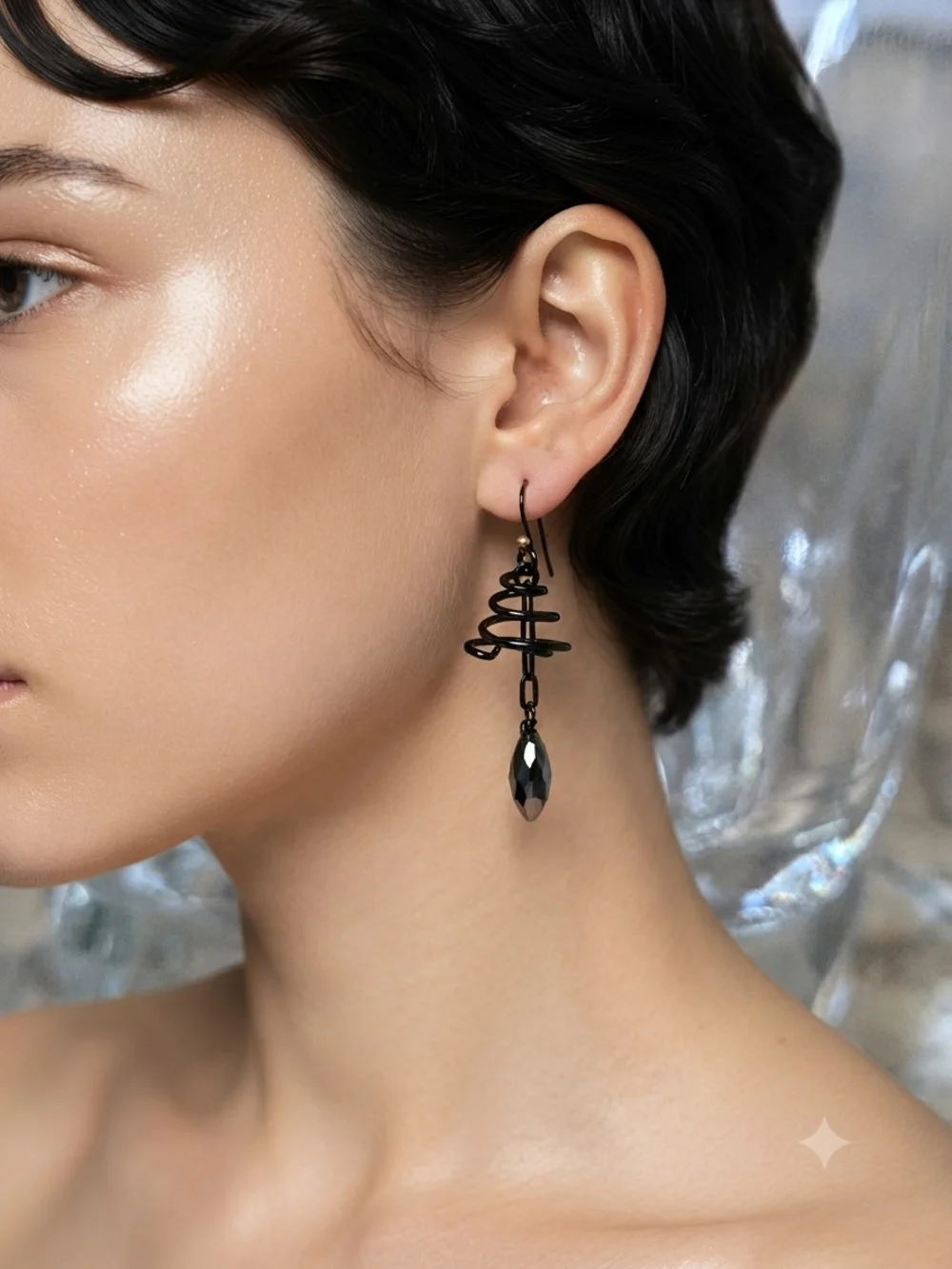 Black Spiral Drop Earrings with Faceted Black Teardrop